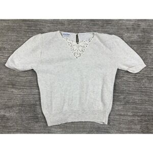 Vintage British Vogue Sweater Womens Large Ivory S/S Lace V-Neck Made in USA